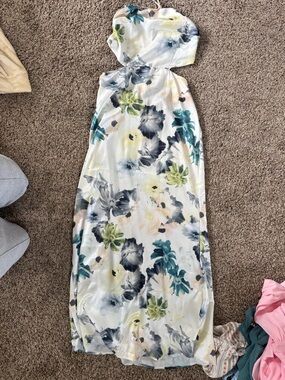 Strapless Floral Maxi Dress in White with Teal & Gray Flowers